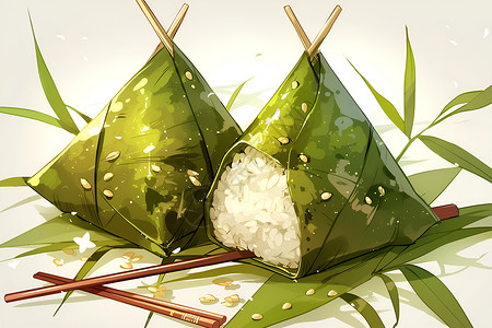 香糯地瓜叶子中的糯米粽插画