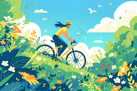 单车情怀夏日公园的骑车者插画