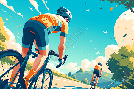 自行车车手阳光下男子骑车穿过森林和草地插画