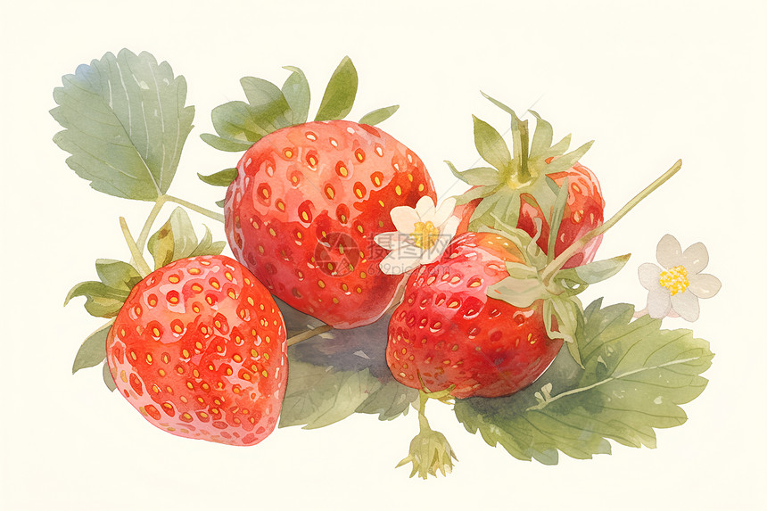 水彩画三颗草莓图片