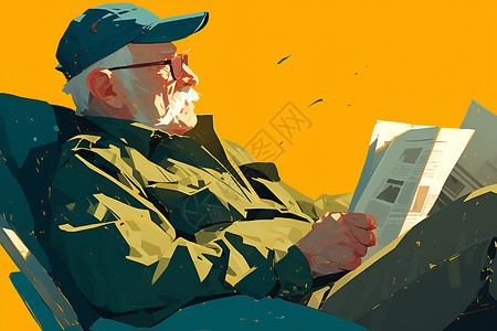 脱胡子老人专注地读着报纸插画