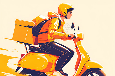 自行车车手快递小哥骑黄色摩托车插画