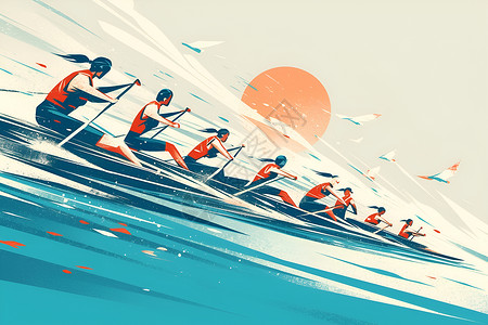 竞赛比赛船只上划桨的人物插画