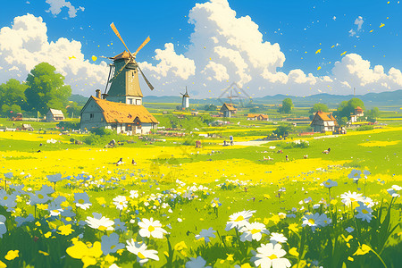 风车与花春天风车下的绚烂色彩插画