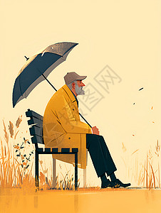 老人撑着伞坐在长凳上插画