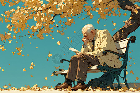 老绅士黑白老绅士坐在树下的长椅上看报插画