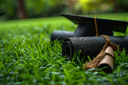 绿色证书草地上的学术证书背景