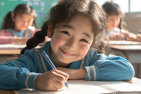 在读书小女孩快乐小女孩在教室里写字背景
