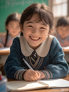 学生笑容小女生笑容明亮的专注写字插画