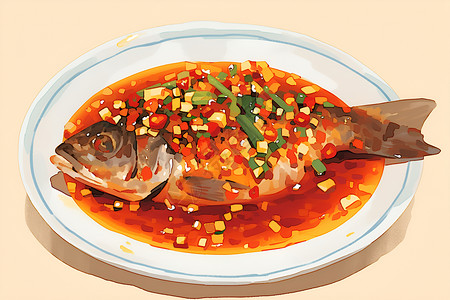 鱼烹饪酱烧辣椒蒸鱼插画
