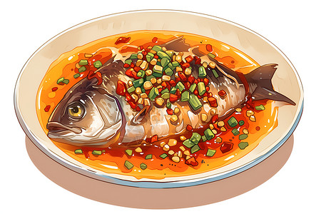煎鱼美味中餐搭配辣椒蒸鱼插画