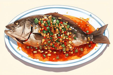 麻辣鱼肉盘子中香辣的鱼肉插画