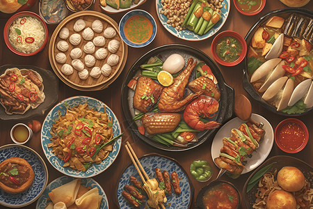 中餐菜肴展示的中餐盛宴插画