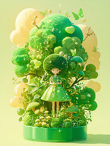 奇幻植物绿色大树和女孩插画