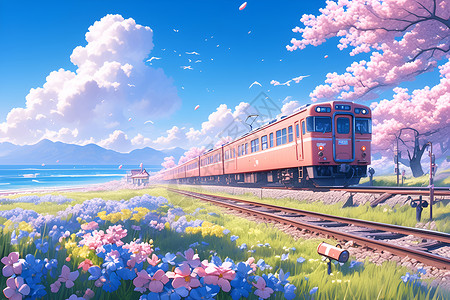 粉色火车穿越樱花树高清图片
