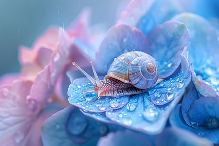 矢量蓝色水珠蓝色叶子上的蜗牛背景