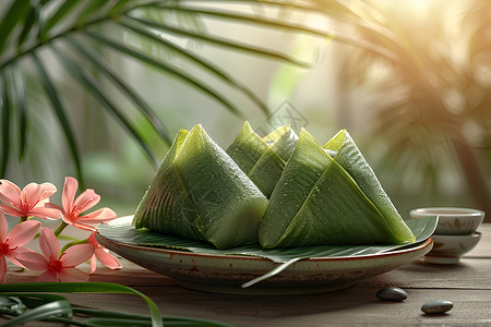 传统的盘子绿叶包裹的粽子背景