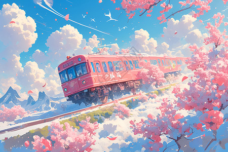 樱花列车飞驰背景图片