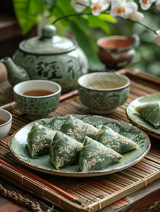 粽子绿叶绿色竹叶包裹的粽子背景