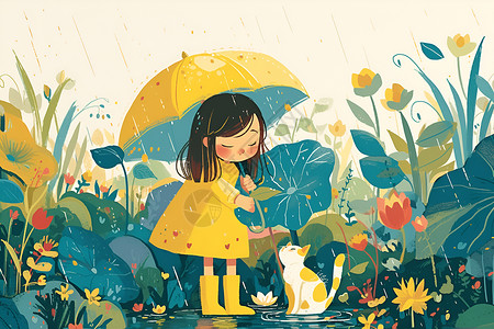 雨中黄衣少女与猫高清图片