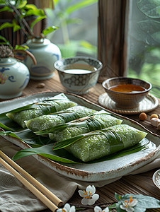 包粽子的绿叶端午节美食背景