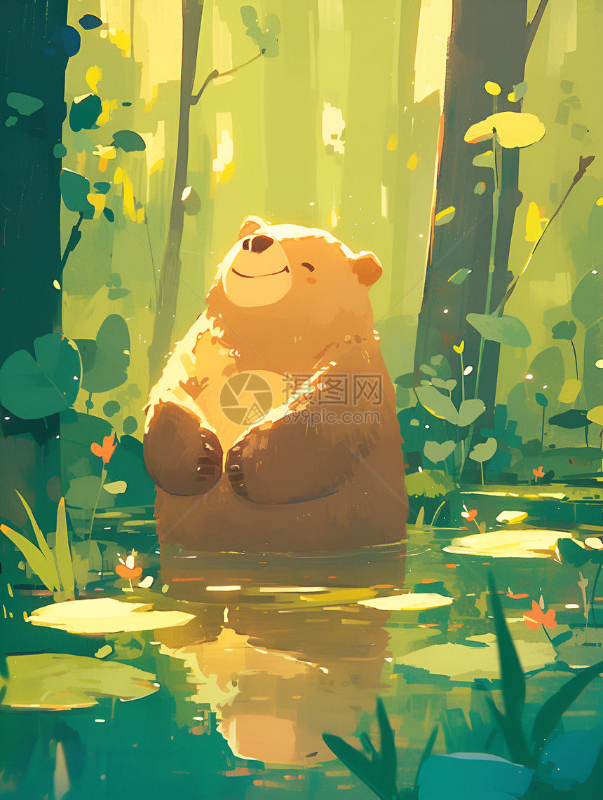 棕熊在池塘里洗澡图片