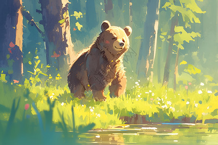 森林湖畔的棕熊背景图片
