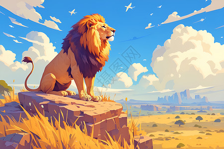 狮子蹲在岩石上背景图片
