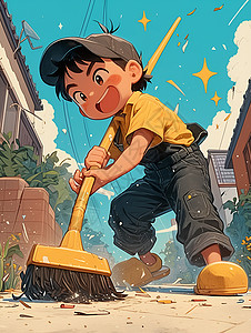 卡通棍子清扫小街的少年插画