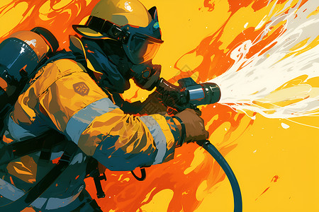 消防员救援消防员与高压水枪插画