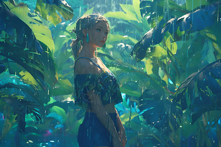 雨中仙境的少女背景图片