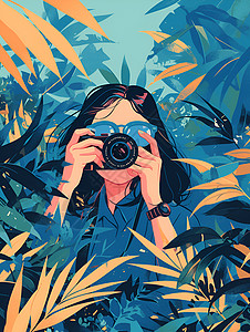 丛林摄影拍色植物的女孩插画