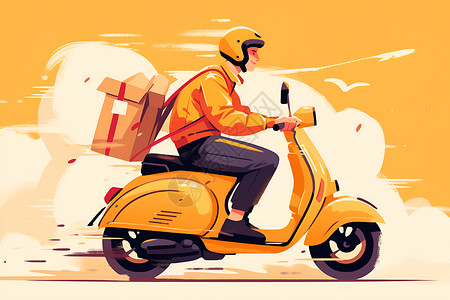 外送员骑黄色摩托车的送货员插画