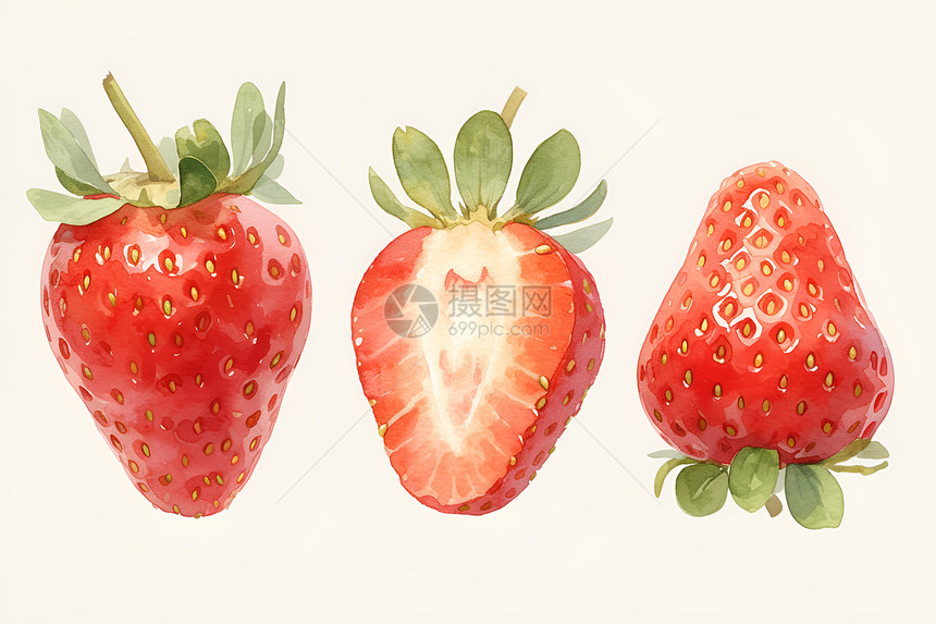 三个草莓在白色背景上图片