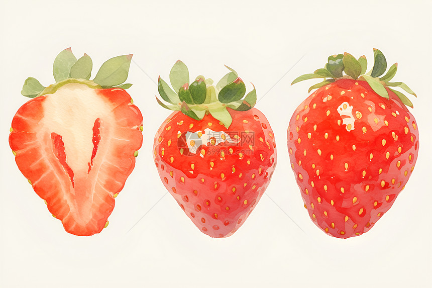 水彩风格的三颗草莓图片