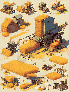机械收割成熟稻谷的收割插画插画
