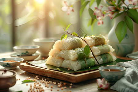粽子绿叶绿叶包裹的美食背景
