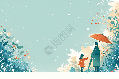 打伞的孩子雨中打伞的妈妈插画
