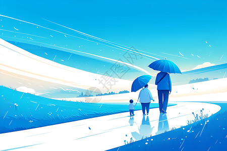 撑着雨伞孩子雨中漫步的一家人插画