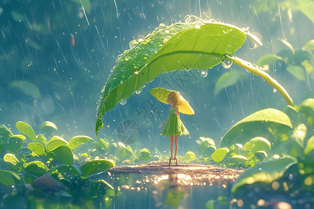 树叶雨滴雨中田野里的女孩插画