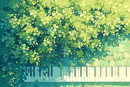 绿叶下的钢琴键盘背景图片