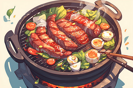烧烤炉子素材美味的烤肉插画