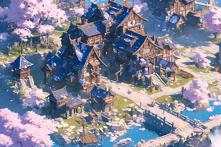 粉色樱花下的村庄背景图片