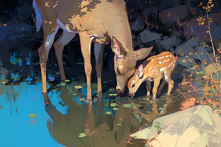 母鹿与小鹿饮水高清图片