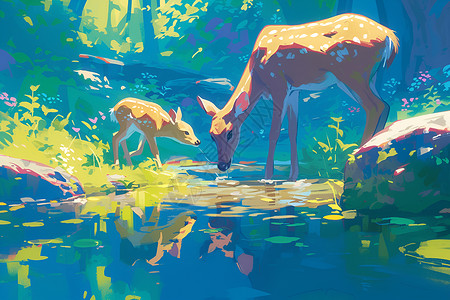 母鹿和幼鹿在小溪边高清图片