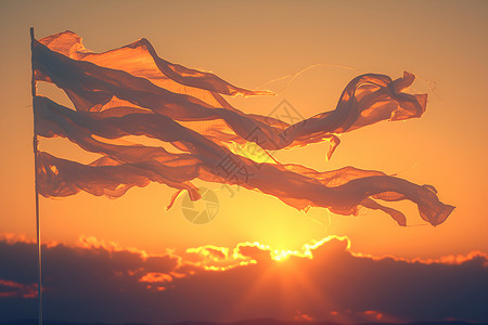 飞扬的旗帜夕阳下飘舞的旗帜插画