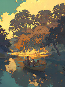 湖上风景夕阳下湖上的画船插画