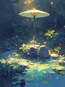 日本岩石花园伞下仙境插画