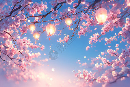 悬浮的灯笼与樱花背景图片