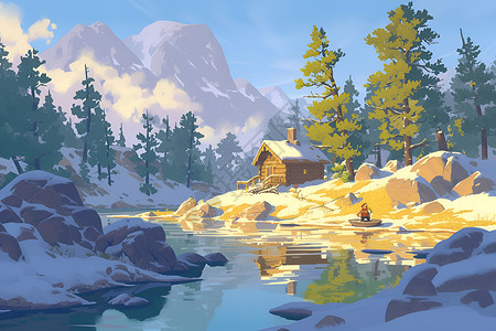 冬季别墅白雪中舒适的小屋插画